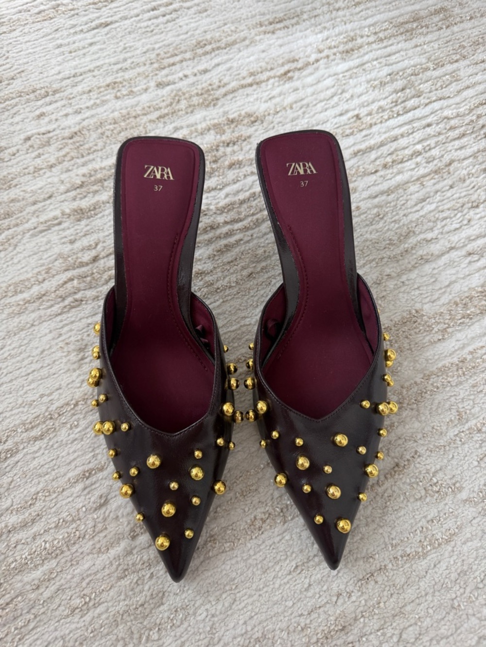 ZARA Merlot Pointed Mules with Gold Studs and Burgundy Insole